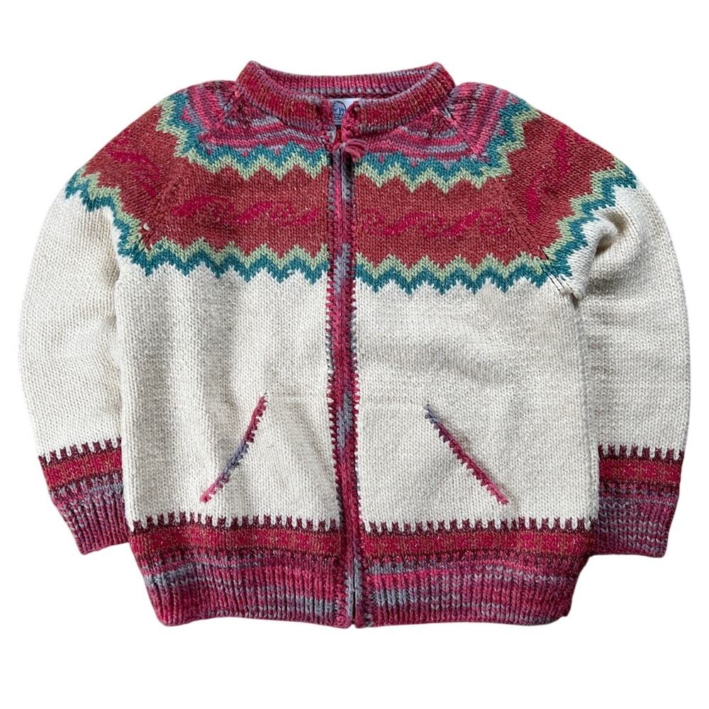 The Sweater Venture Cardigan Sweater Womens Medium Hand Knit Wool Cream Pink